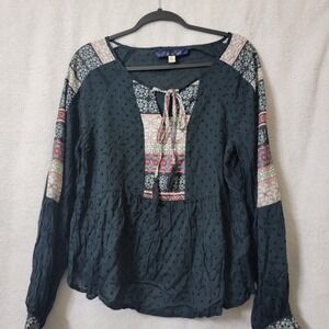 Blue Rain Boho Womens Sz L Black Swiss Dot Peplum hem L/S Rayon Peasant‎ Whimsy